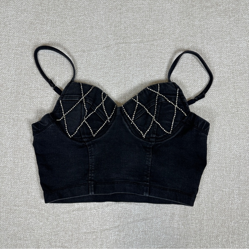 Haute Monde Black Rhinestone Bustier Corset Crop Top Size Large